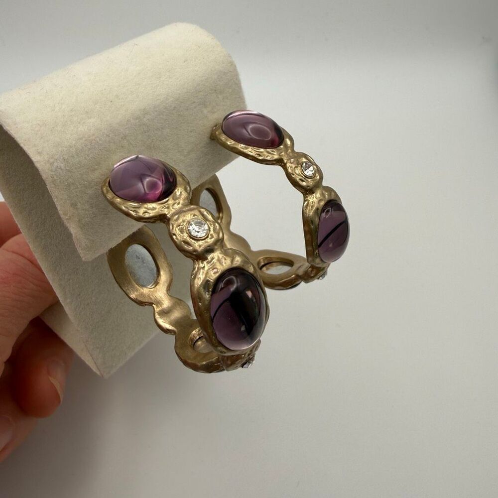 Kenneth Jay Lane vintage gold-tone clip hoop earrings purple cabochons New